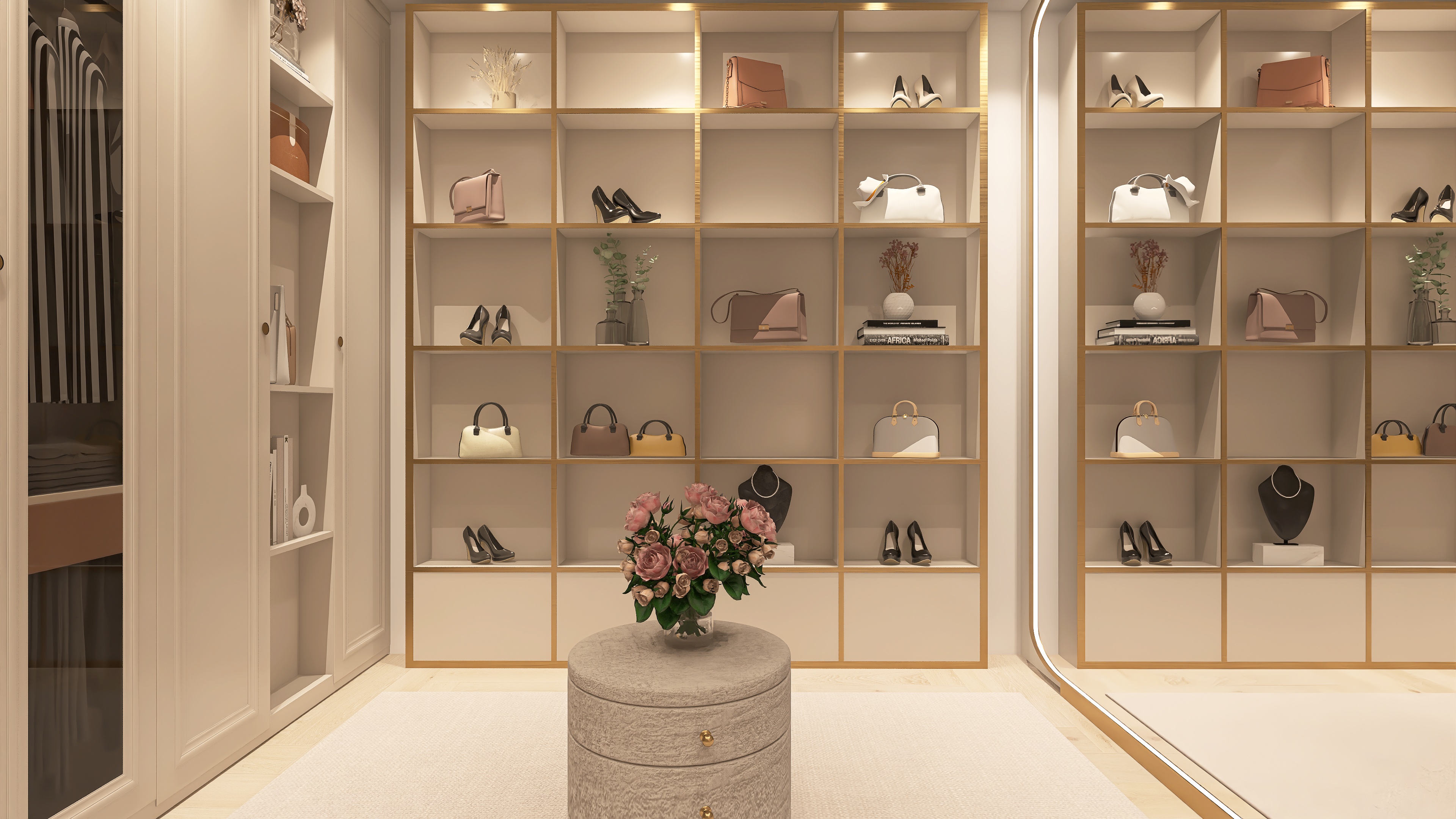 Elegante Ankleide mit warmen Materialien und ruhiger, strukturierter Atmosphäre — Nermin Interiors
