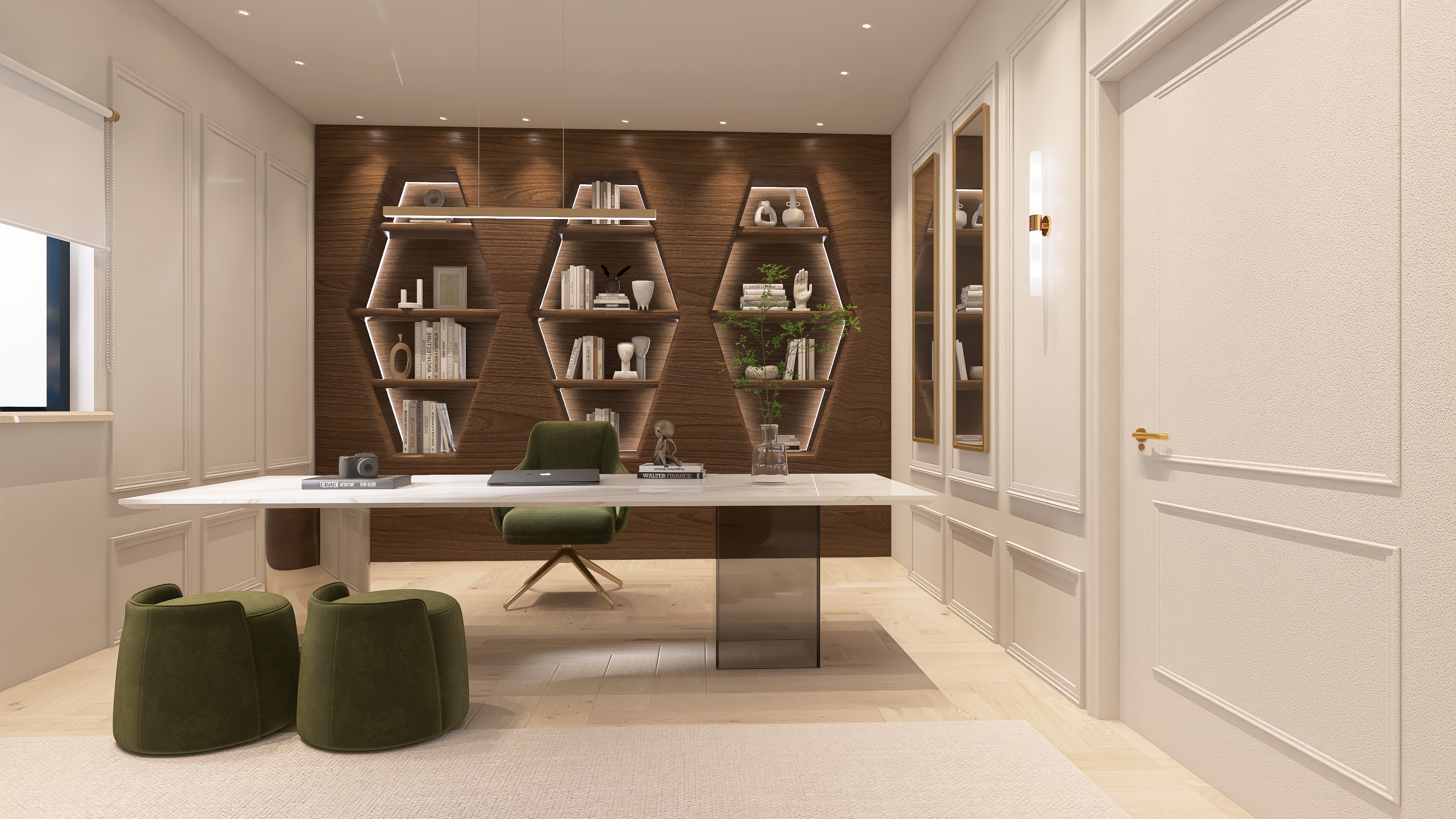 Klarer, minimalistischer Arbeitsbereich mit fokussiertem Design und ruhiger Gesamtwirkung — Nermin Interiors