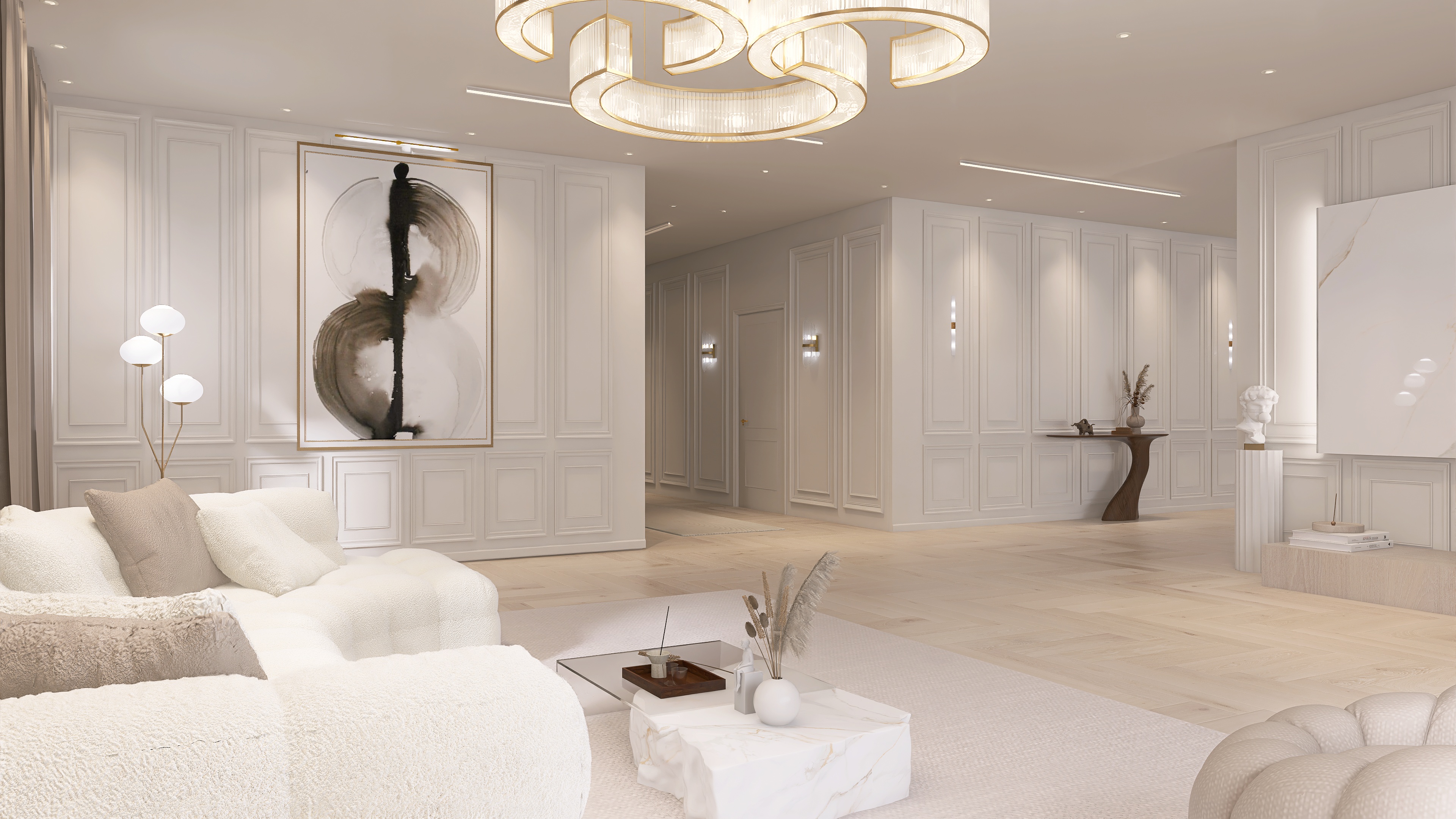 Minimalistisch gestaltetes Wohnzimmer mit klassischen Wandpaneelen und cremefarbener Einrichtung — Nermin Interiors